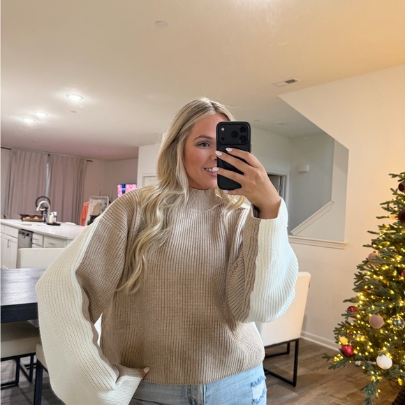 One arrival mock neck knit taupe white Women's Sweater - Picture 9 of 12